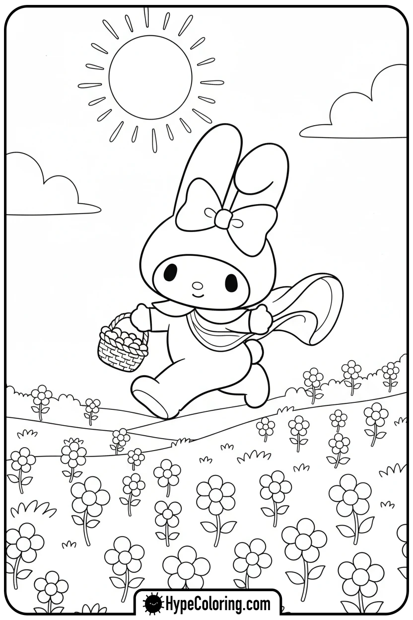Click to download PDF my-melody-skipping-in-flower-field - sanrio coloring pages