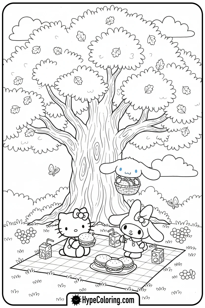 Click to download PDF sanrio-friends-picnic - sanrio coloring pages