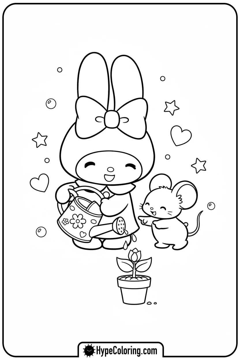 Click to download PDF my-melody-watering-plant - sanrio coloring pages