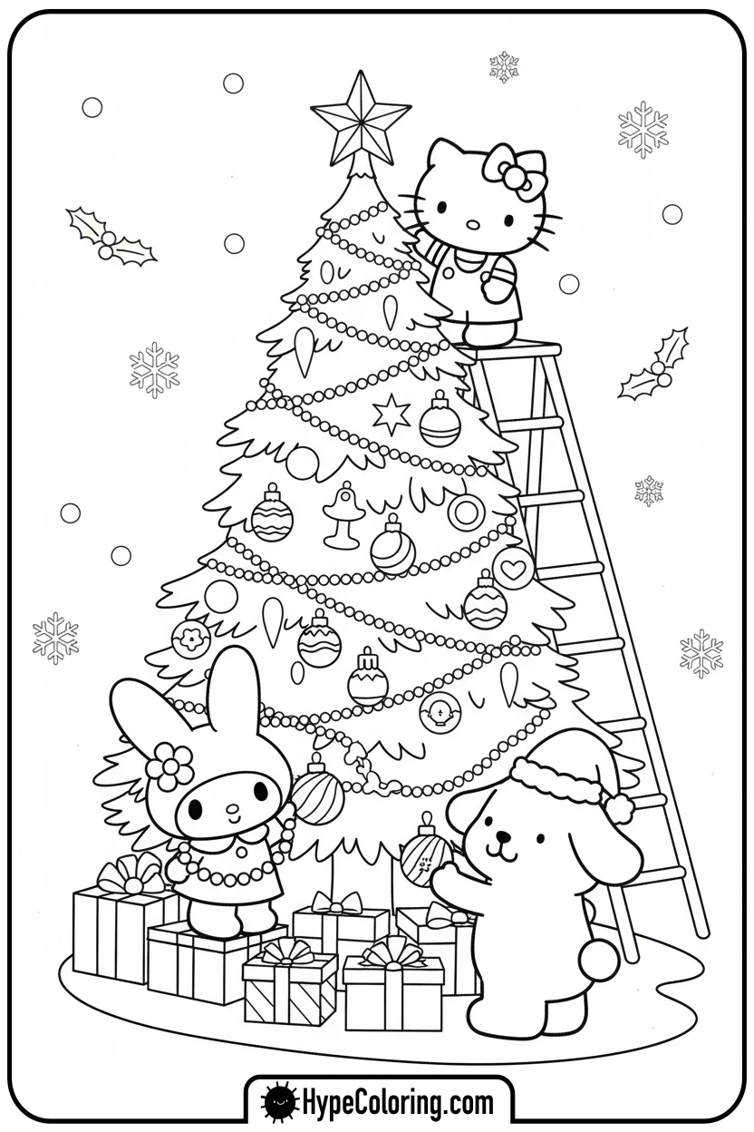 Click to download PDF sanrio-friends-decorating-tree - sanrio coloring pages