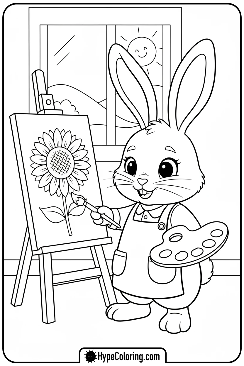 bunny-painting-sunflower - bunny coloring pages