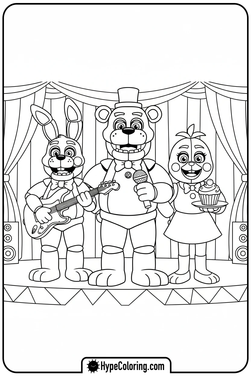 Click to download PDF freddy-bonnie-chica-on-stage - fnaf coloring pages