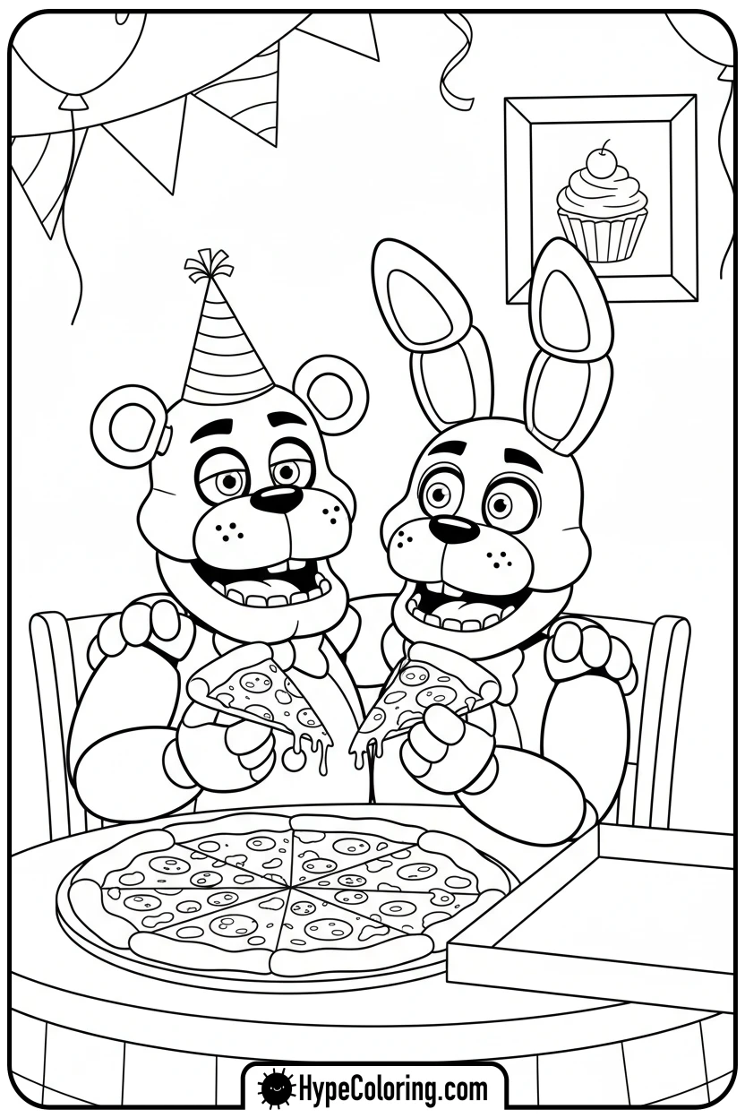 Click to download PDF freddy-and-bonnie-eating-pizza - fnaf coloring pages