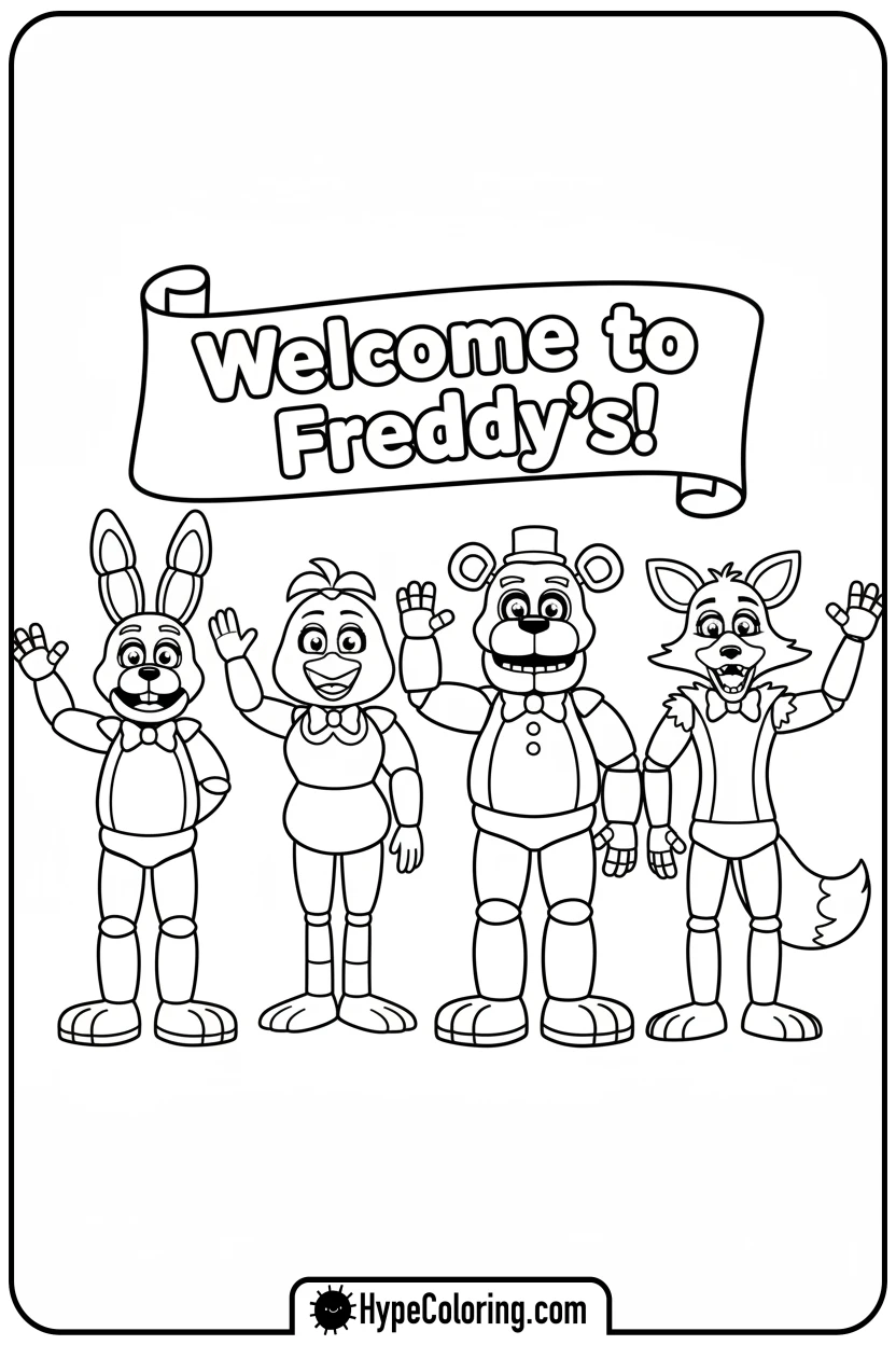 Click to download PDF four-animatronics-waving - fnaf coloring pages