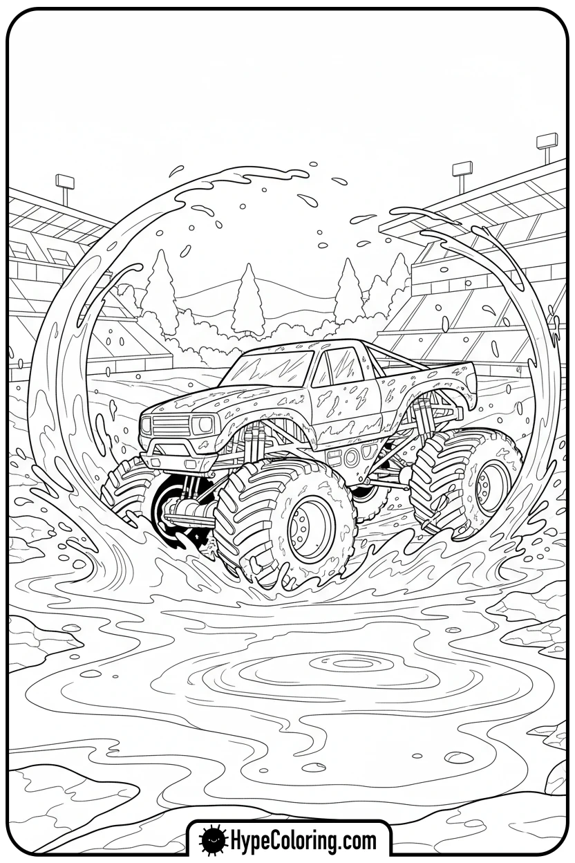 muddy-monster-truck-splashing - monster truck coloring page