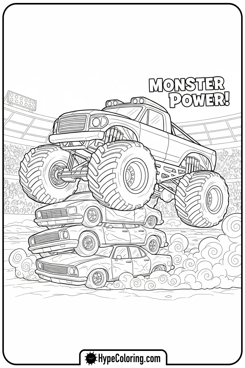 monster-truck-crushing-cars - monster truck coloring page