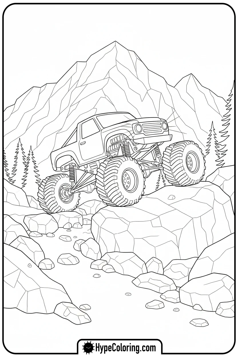 monster-truck-climbing-rocks - monster truck coloring page