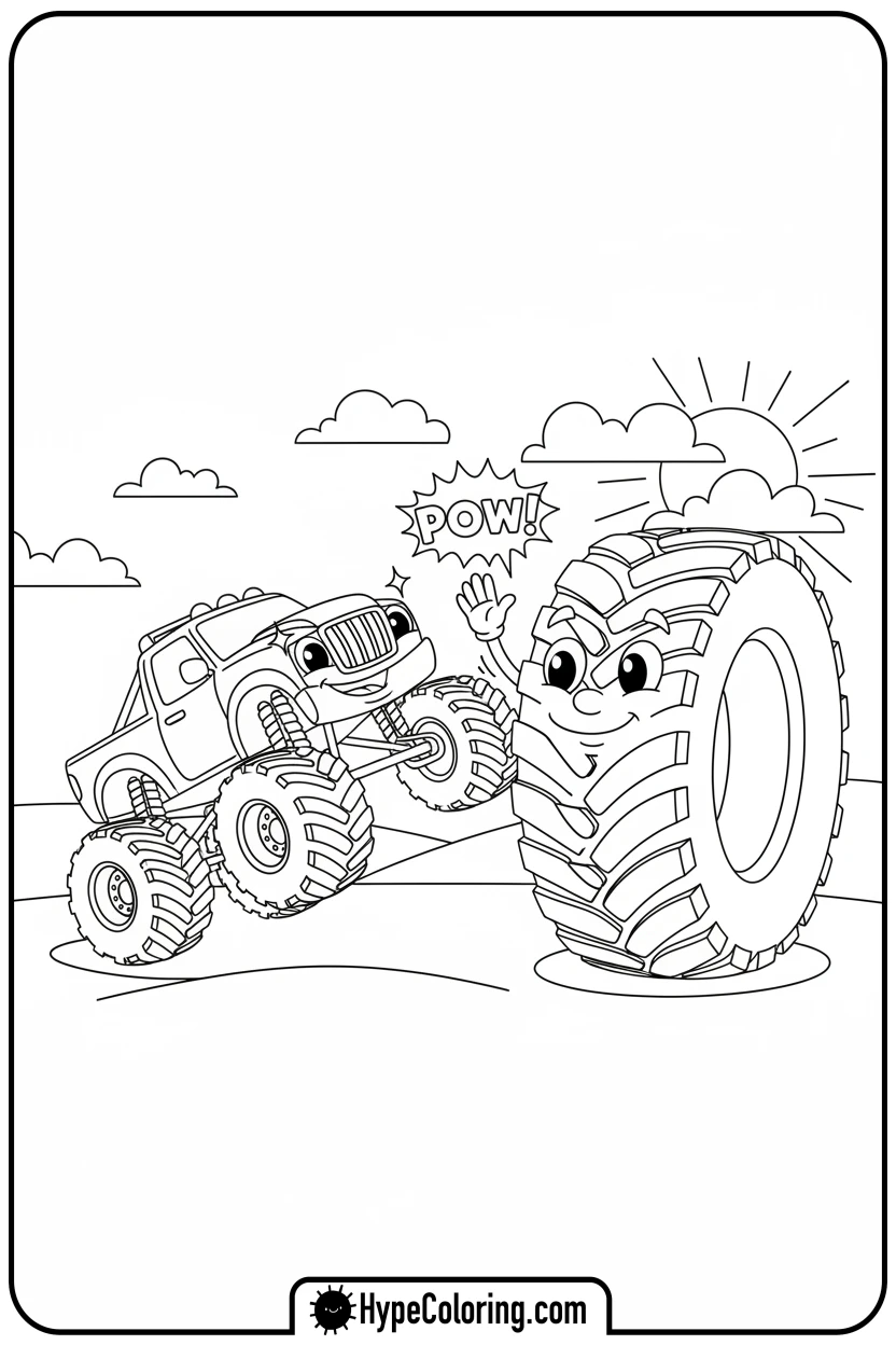 monster-truck-high-fiving-tire - monster truck coloring page