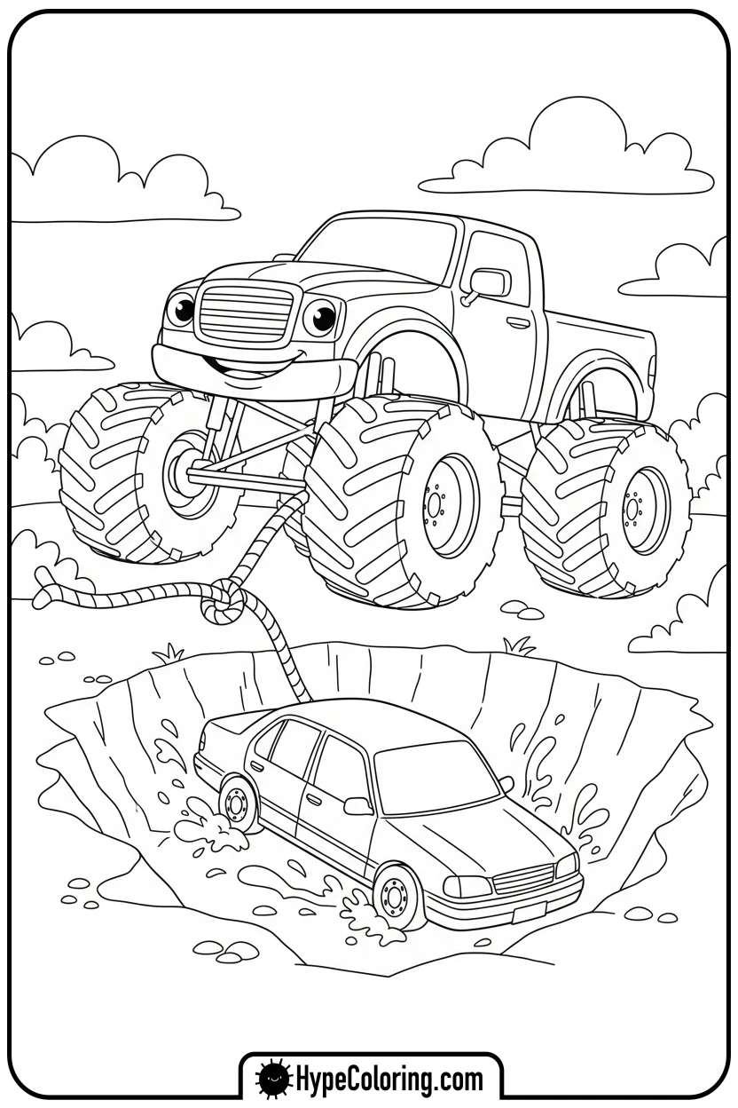 monster-truck-helping-car - monster truck coloring page