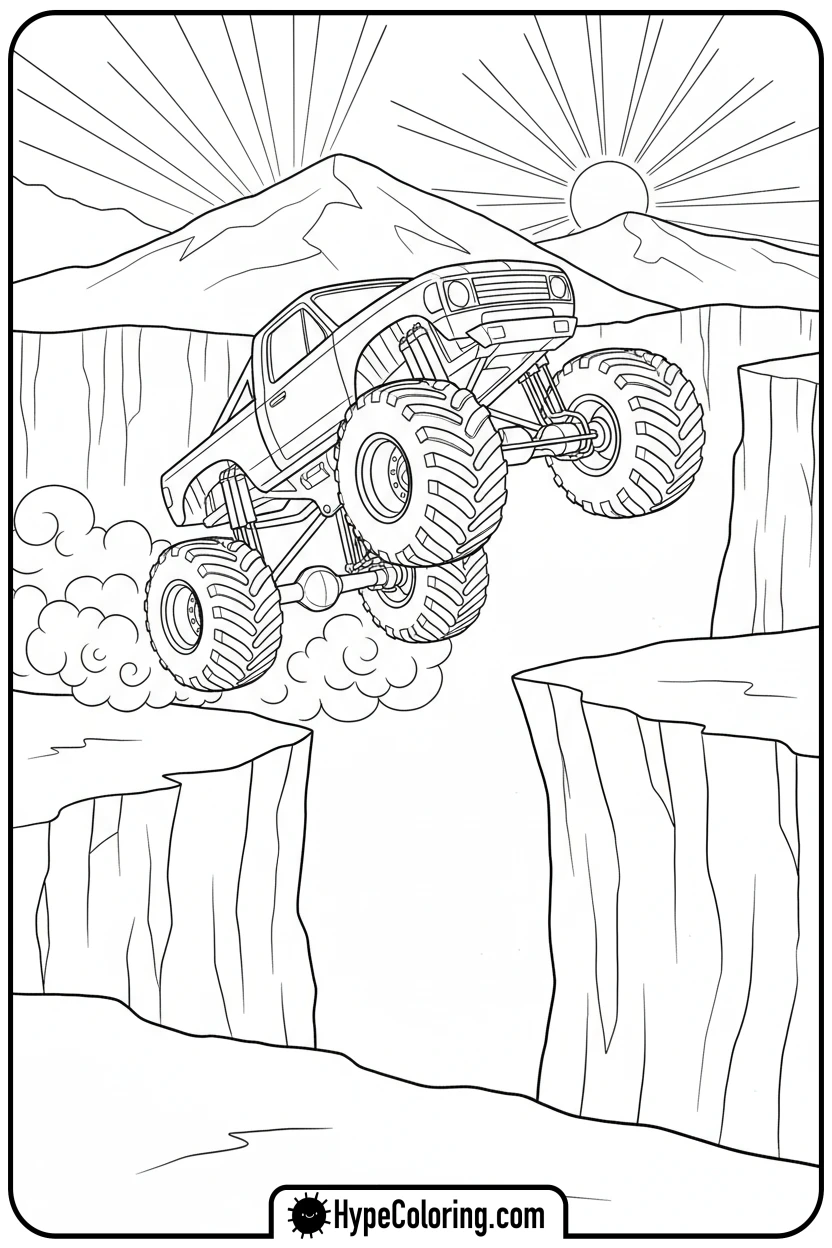 monster-truck-jumping-canyon - monster truck coloring page
