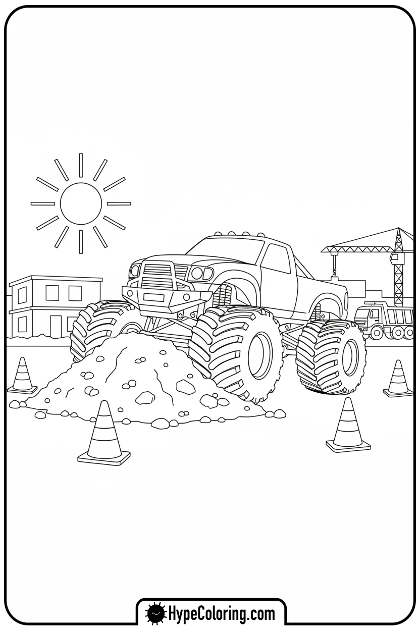 monster-truck-pushing-dirt - monster truck coloring page