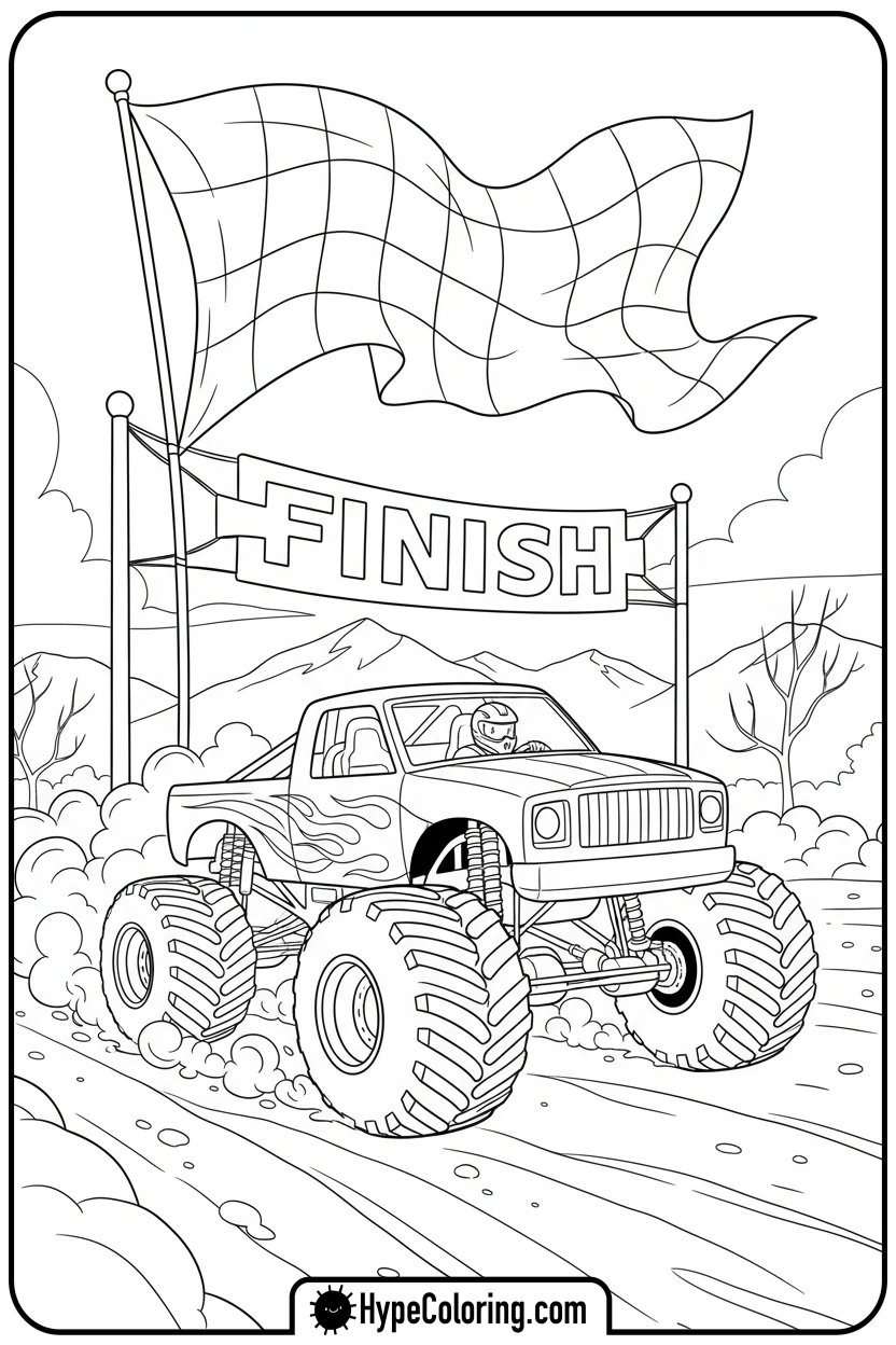 monster-truck-crossing-finish-line - monster truck coloring page