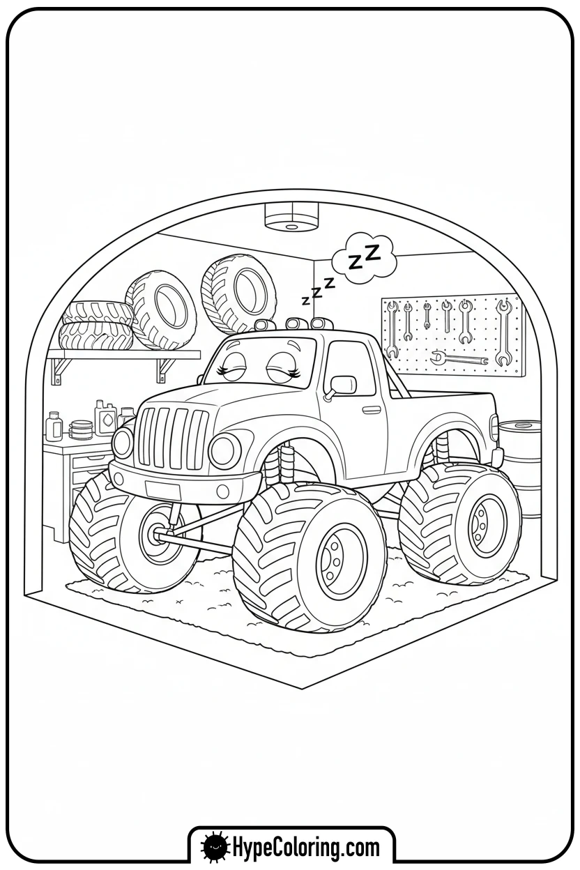 sleeping-monster-truck - monster truck coloring page