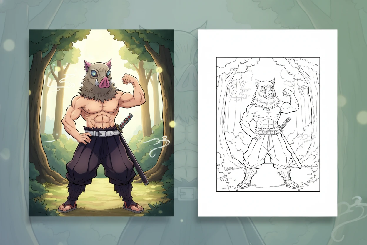 inosuke-hashibira-standing-triumphantly-with - demon slayer coloring pages