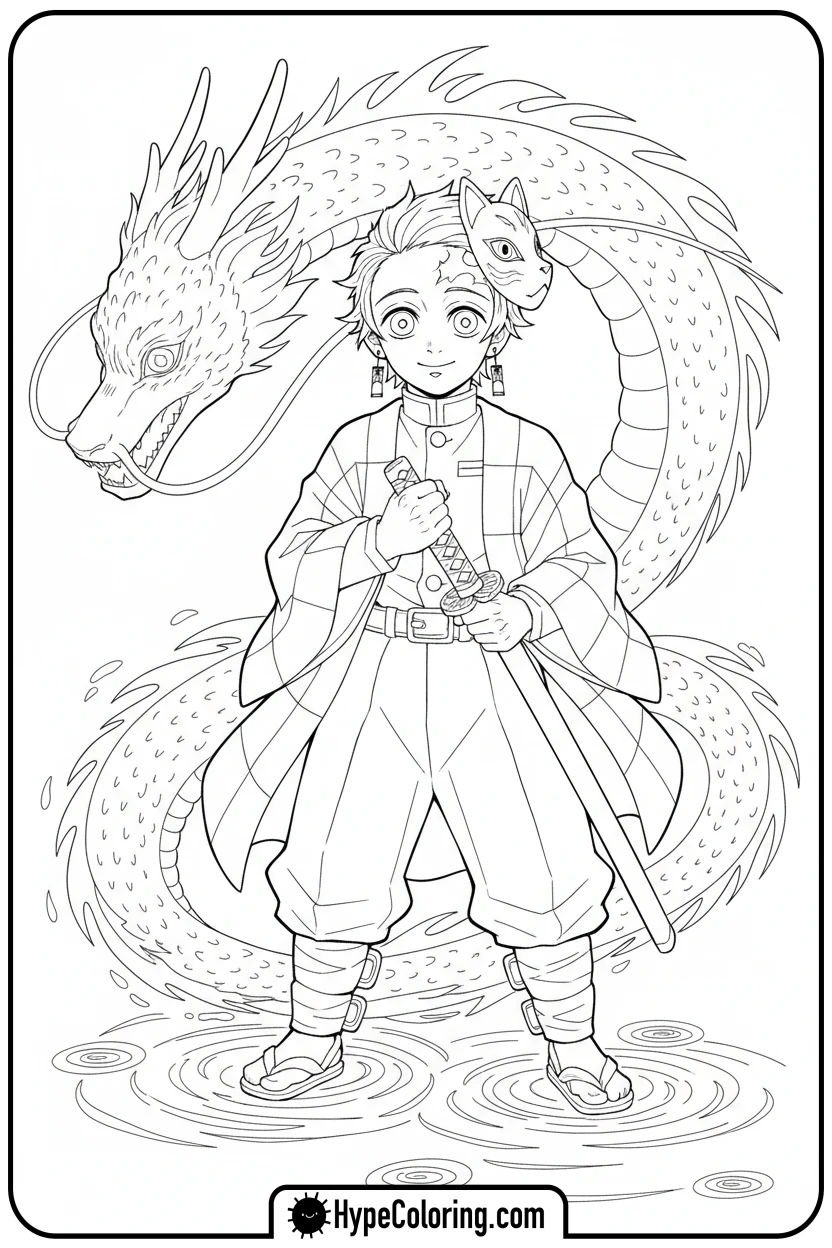 tanjiro-in-water-breathing-stance - demon slayer coloring pages