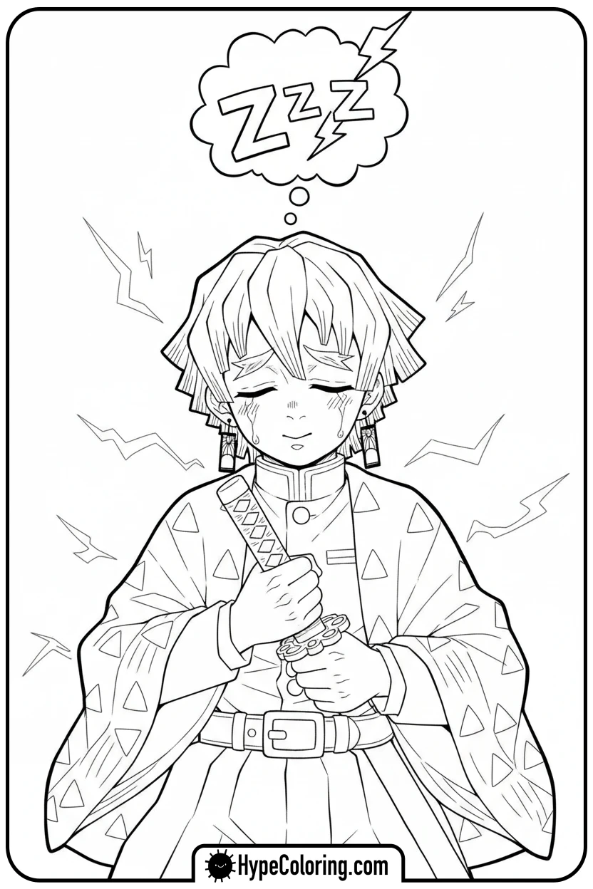 sleeping-zenitsu-with-katana - demon slayer coloring pages