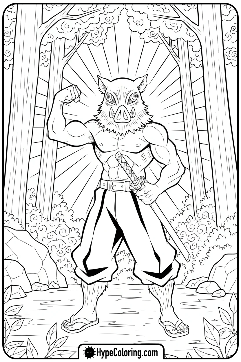 inosuke-flexing-with-boar-mask - demon slayer coloring pages