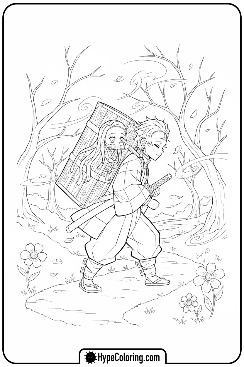 tanjiro-carrying-nezuko-box - demon slayer coloring pages