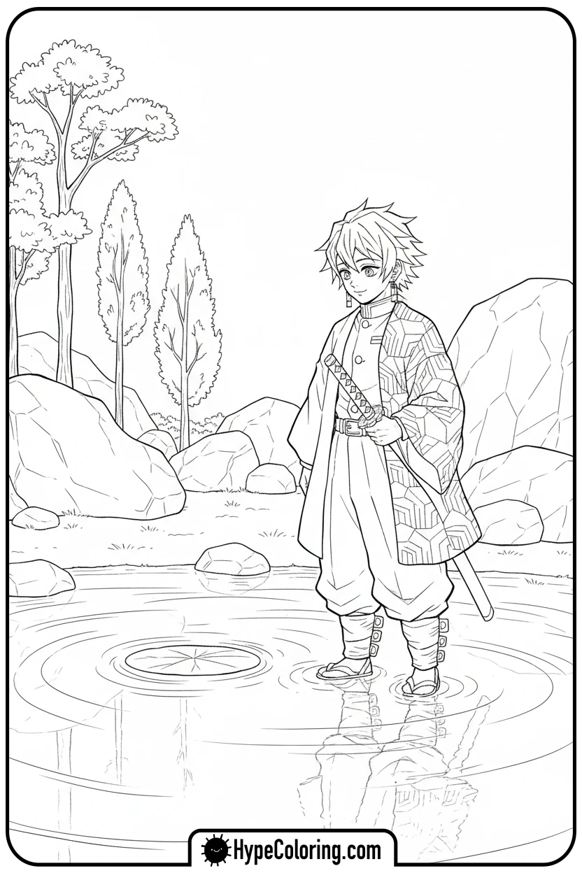 giyu-by-a-tranquil-pond - demon slayer coloring pages