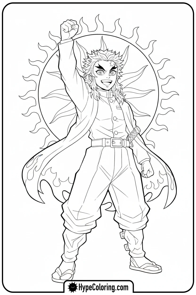 rengoku-with-enthusiastic-smile - demon slayer coloring pages