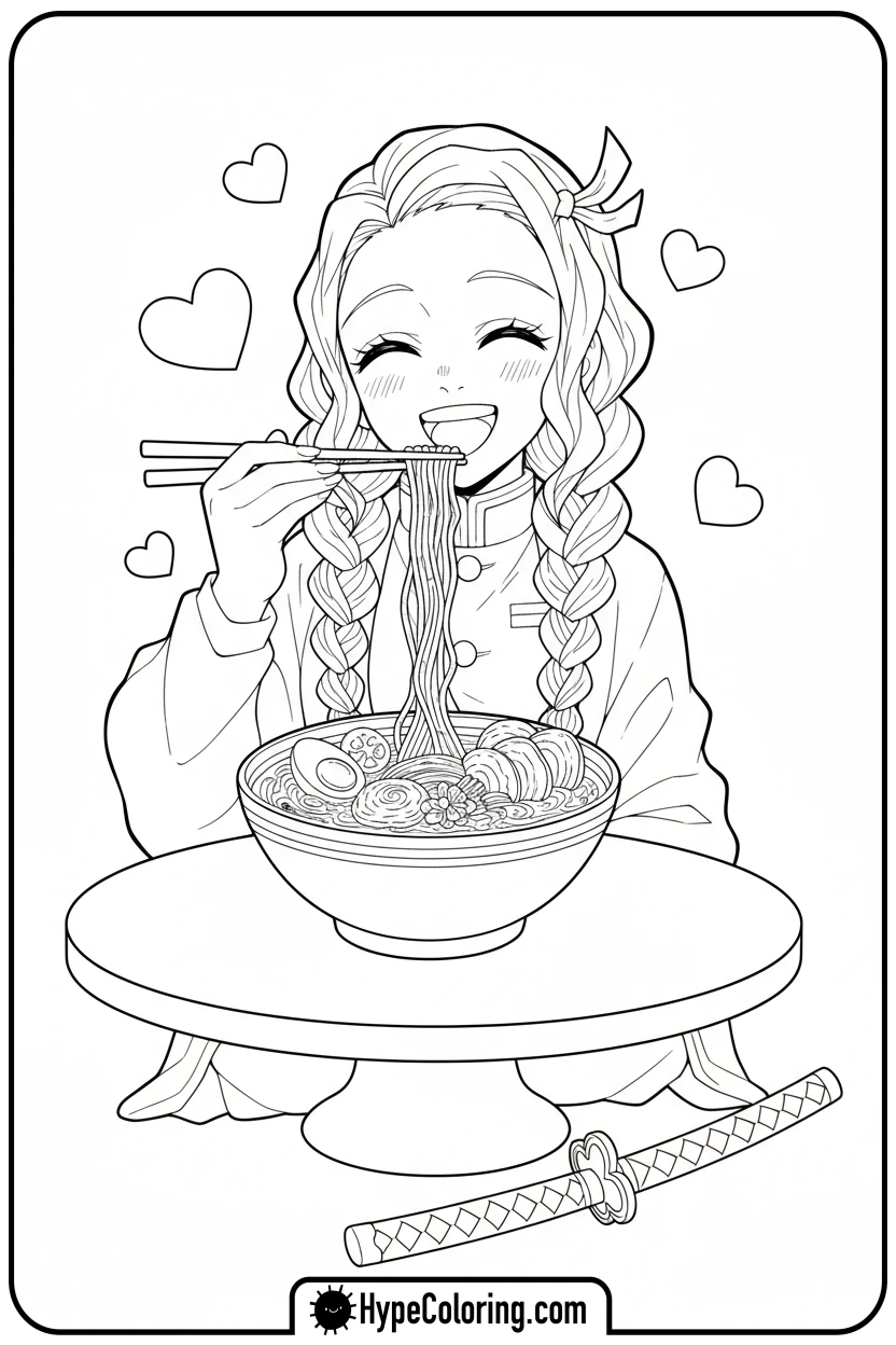 mitsuri-eating-ramen-happily - demon slayer coloring pages