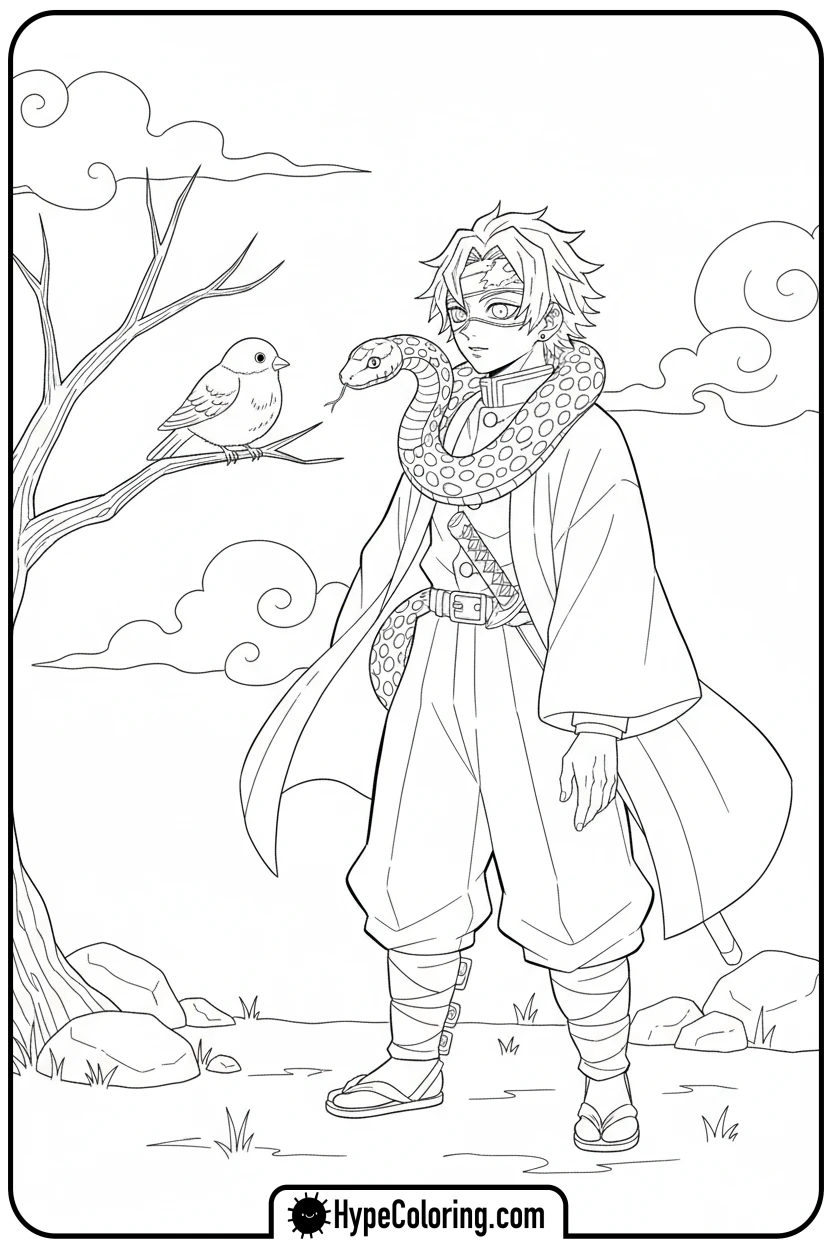 obanai-with-kaburamaru-snake - demon slayer coloring pages