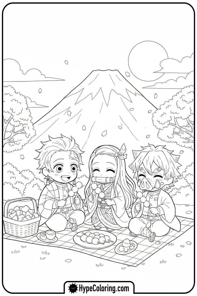 chibi-demon-slayers-picnic - demon slayer coloring pages