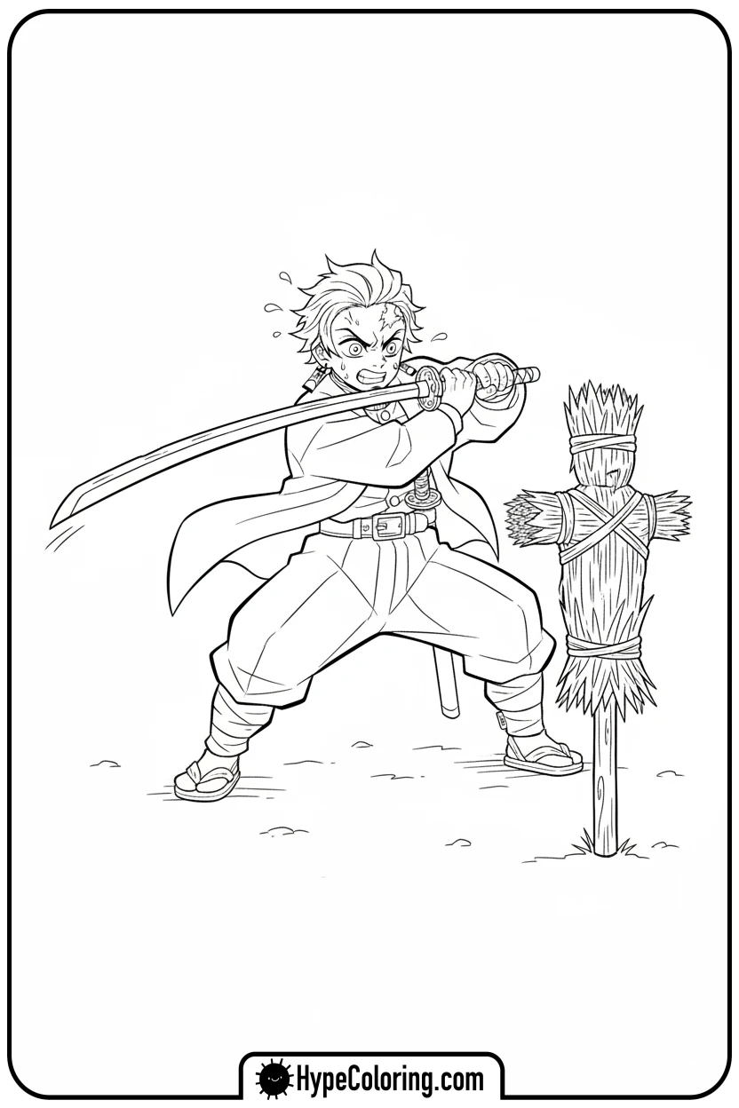 tanjiro-sword-training - demon slayer coloring pages