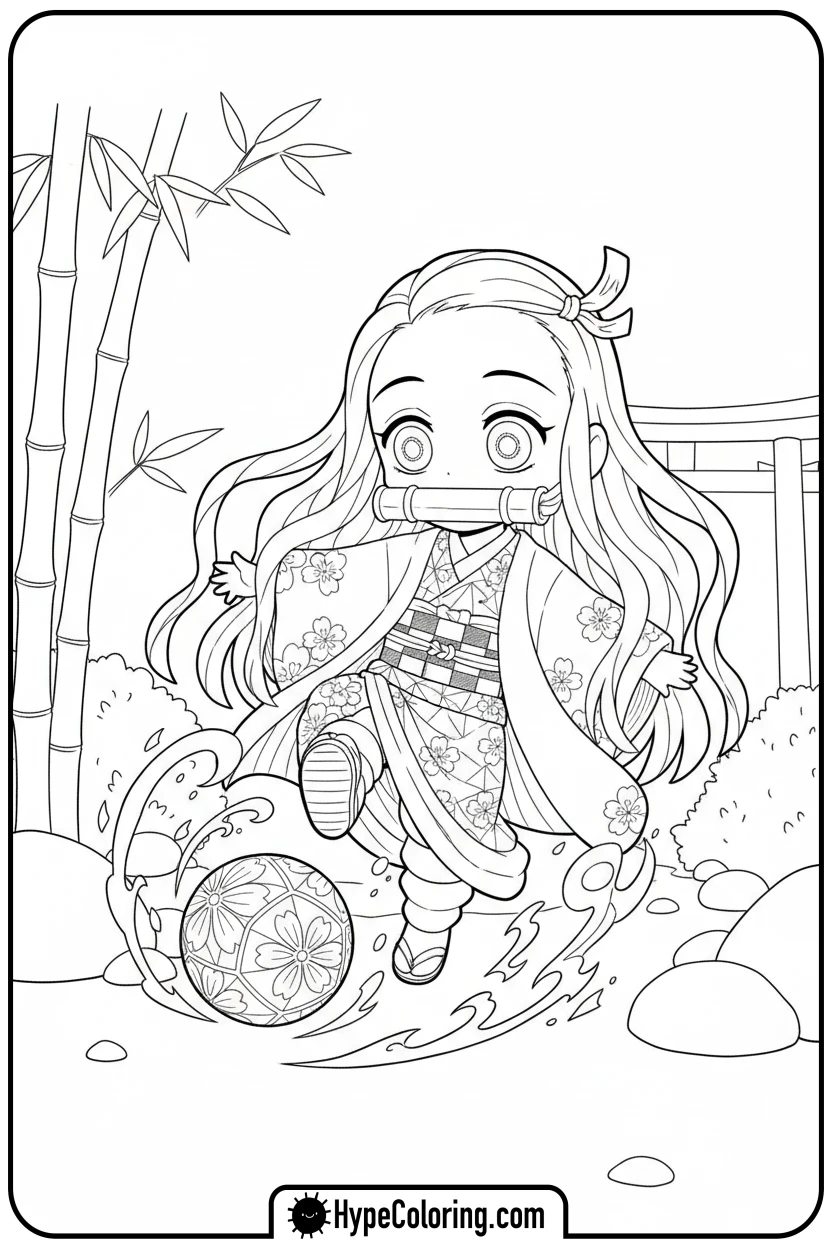 chibi-nezuko-kicking-ball - demon slayer coloring pages