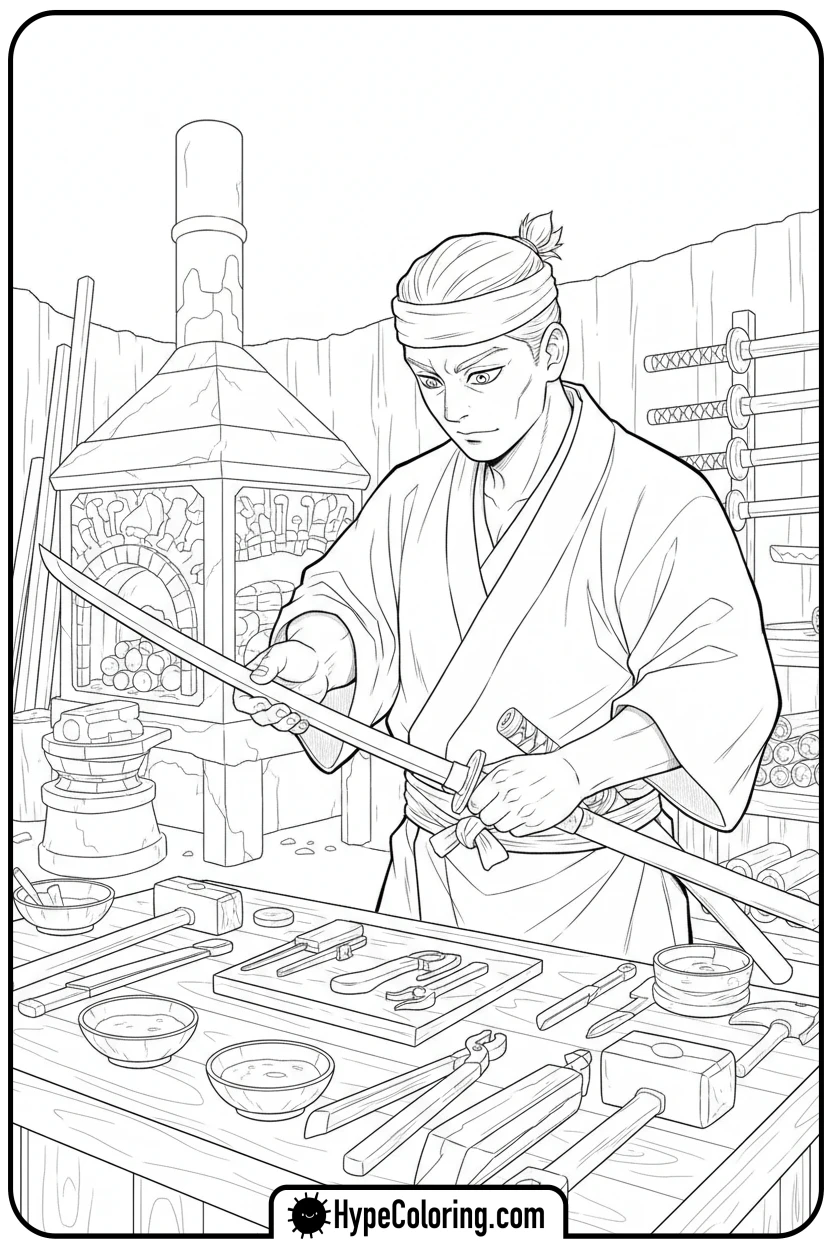 swordsmith-polishing-katana - demon slayer coloring pages