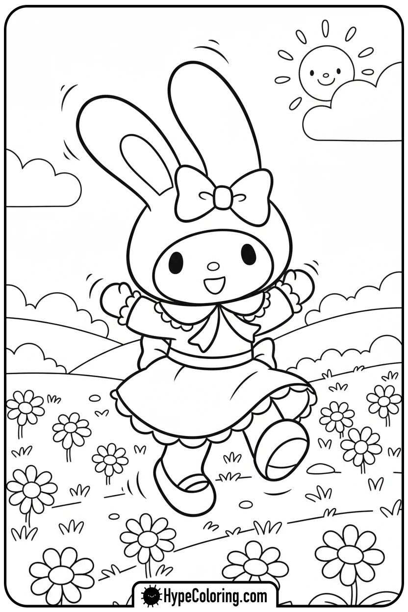 my-melody-skipping-through-daisies - my melody coloring pages