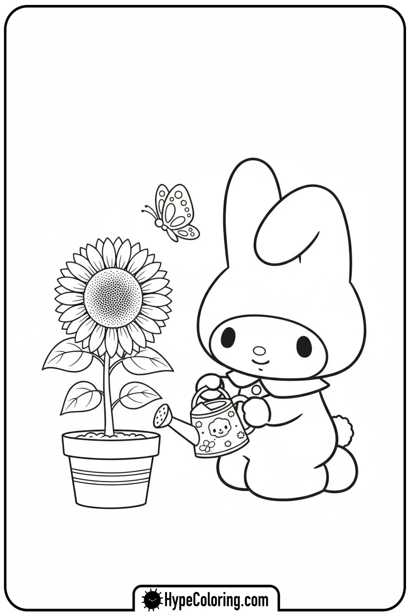 my-melody-watering-sunflower - my melody coloring pages