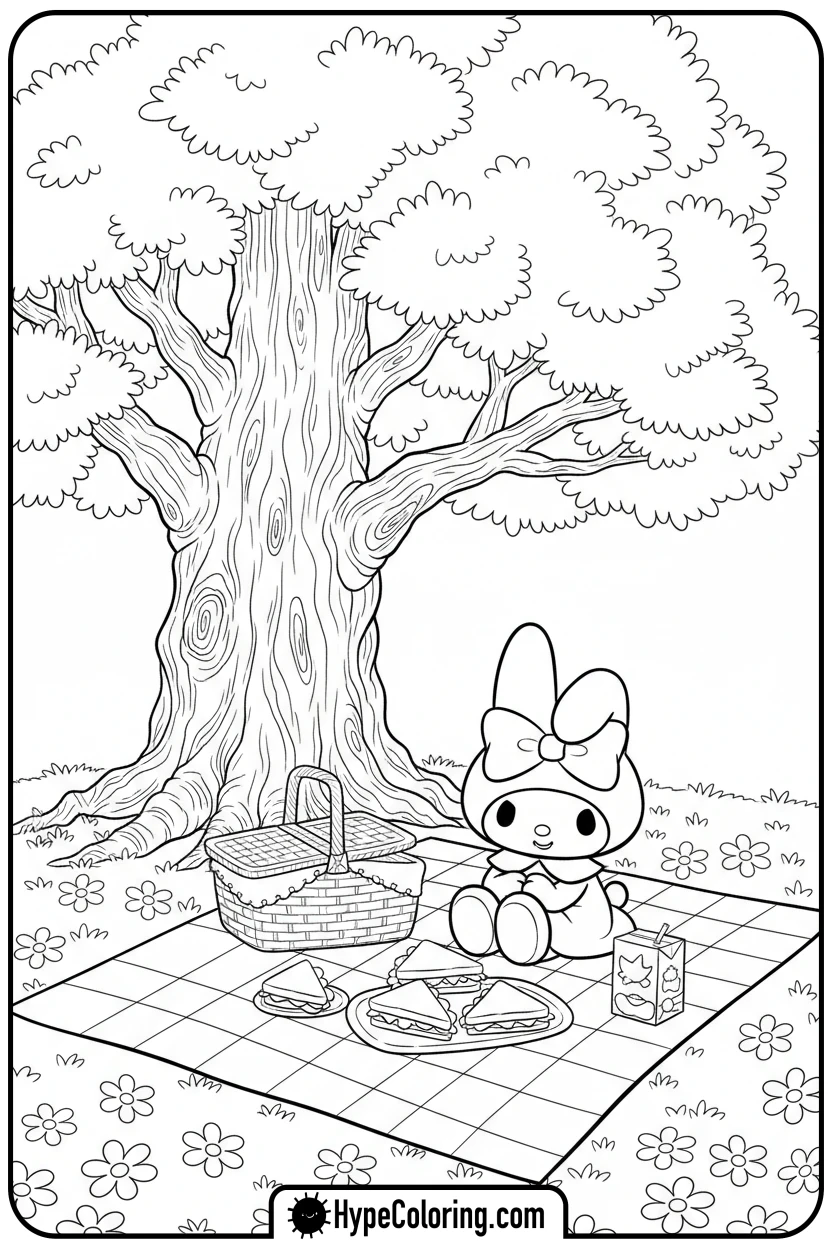 my-melody-picnic-under-tree - my melody coloring pages
