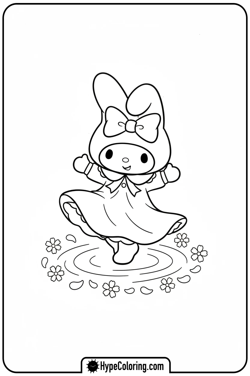 my-melody-dancing-with-petals - my melody coloring pages