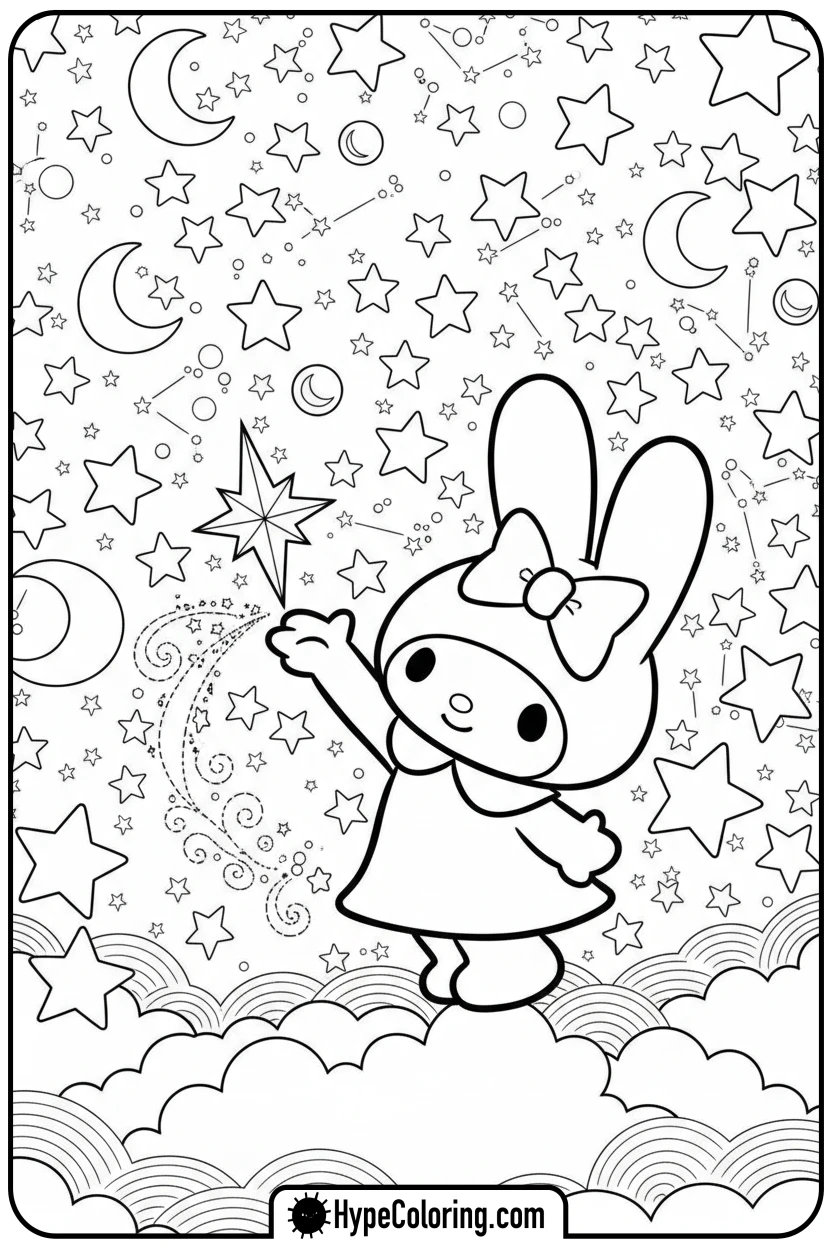 my-melody-catching-a-falling-star - my melody coloring pages