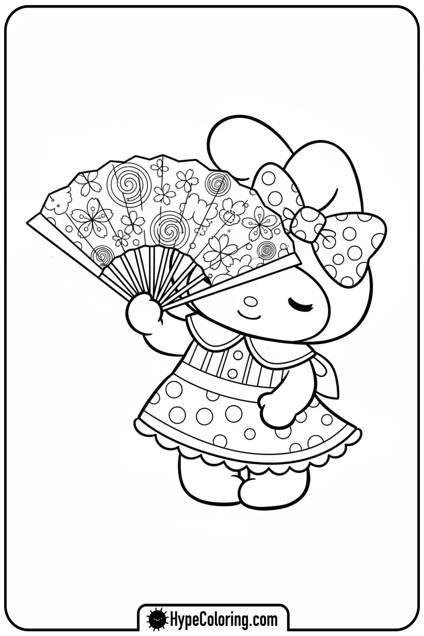 my-melody-holding-a-paper-fan - my melody coloring pages