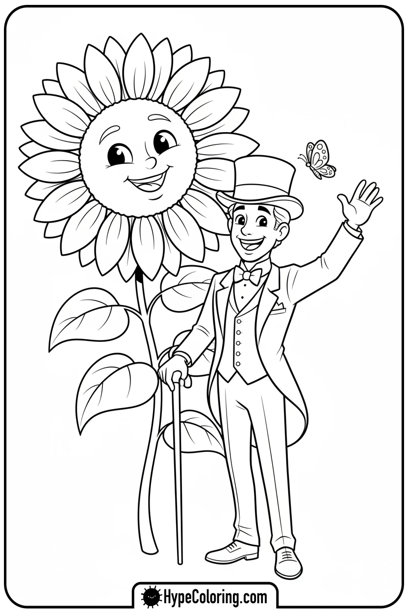 dandy-waving-next-to-sunflower - dandy's world coloring pages