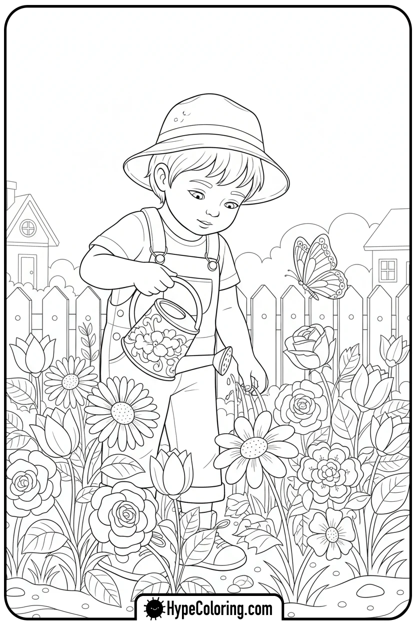 child-watering-flowers - earth day coloring pages