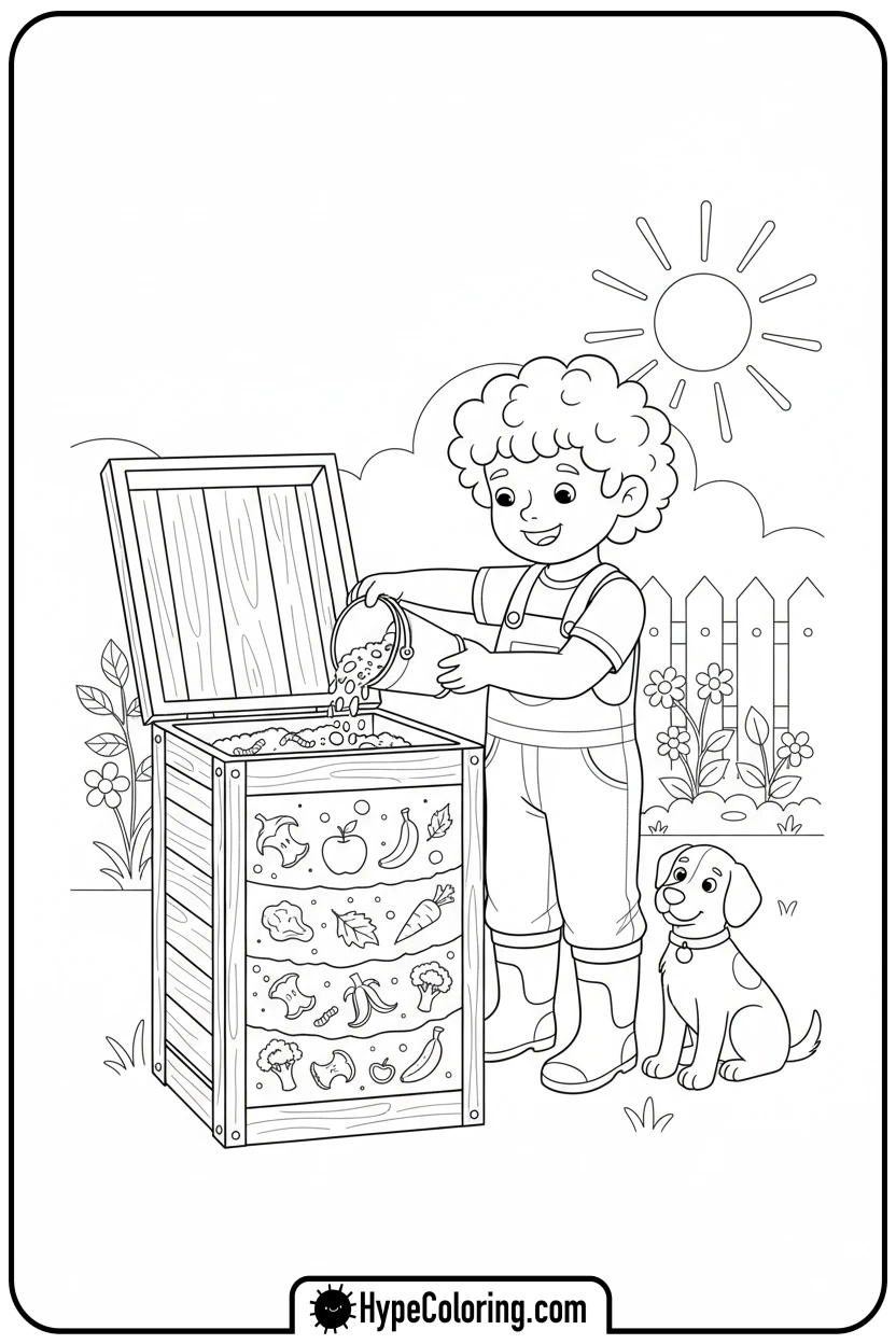 child-adding-to-compost-bin - earth day coloring pages