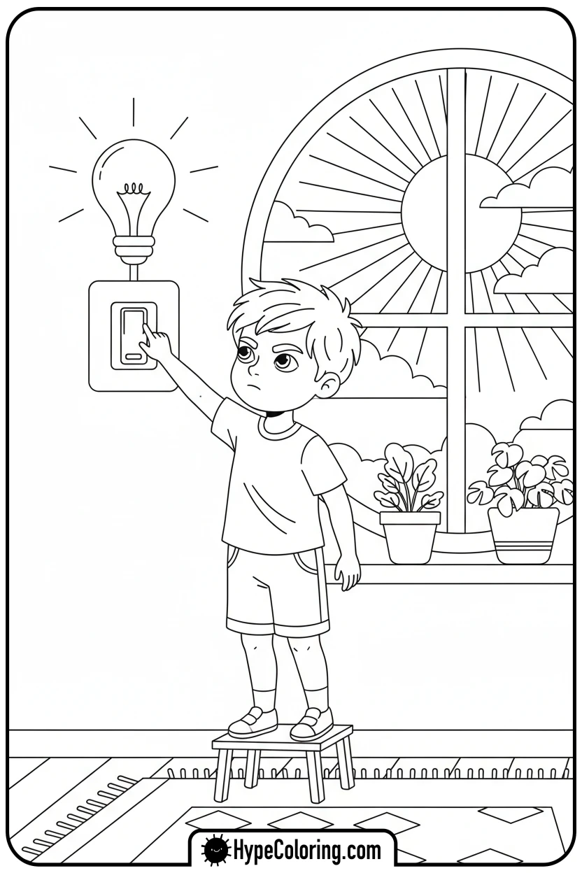 child-turning-off-light - earth day coloring pages