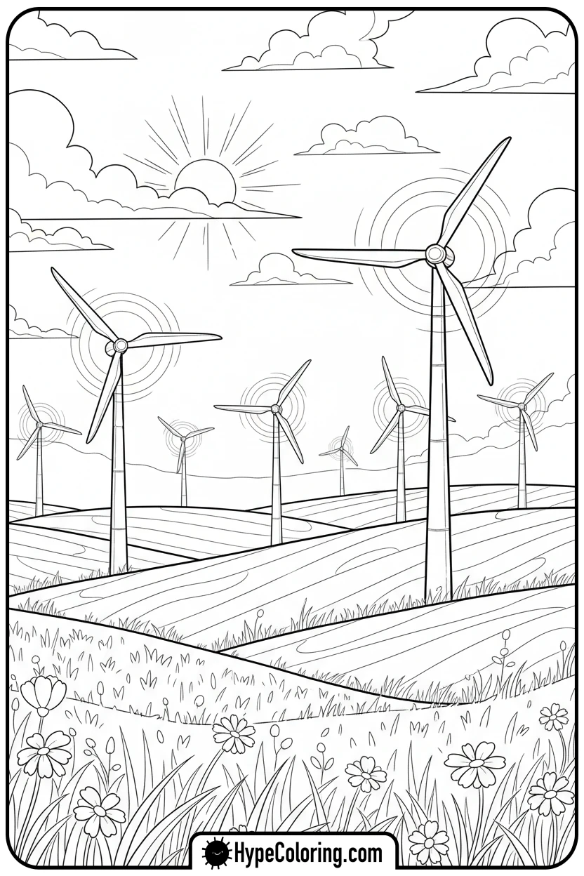 wind-turbines-in-field - earth day coloring pages