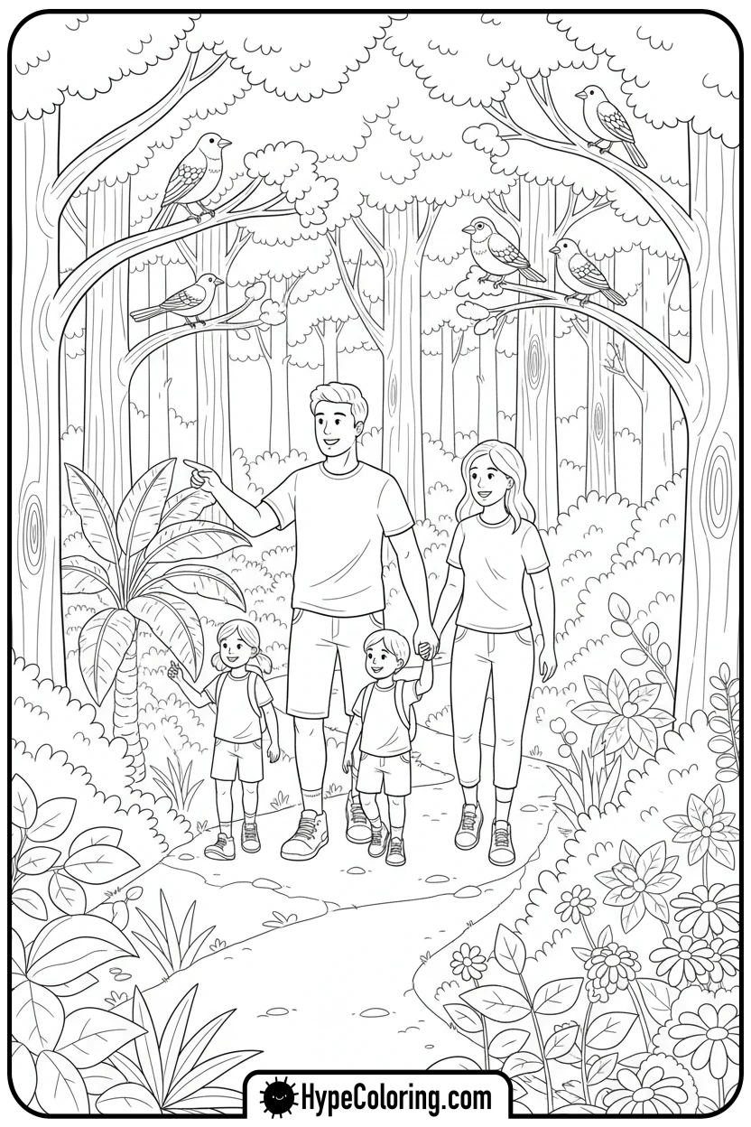 family-on-nature-walk - earth day coloring pages