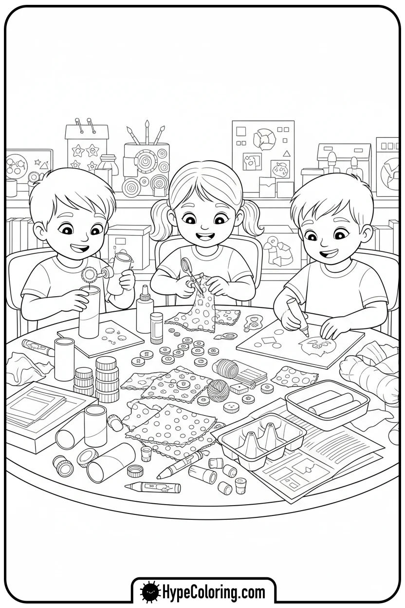 kids-doing-upcycling-art - earth day coloring pages