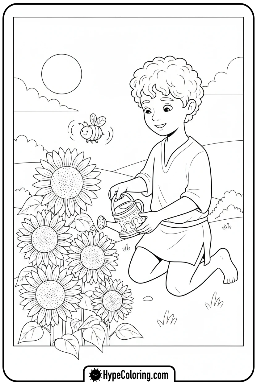 Click to download PDF saja-boy-watering-sunflowers - saja boys coloring page