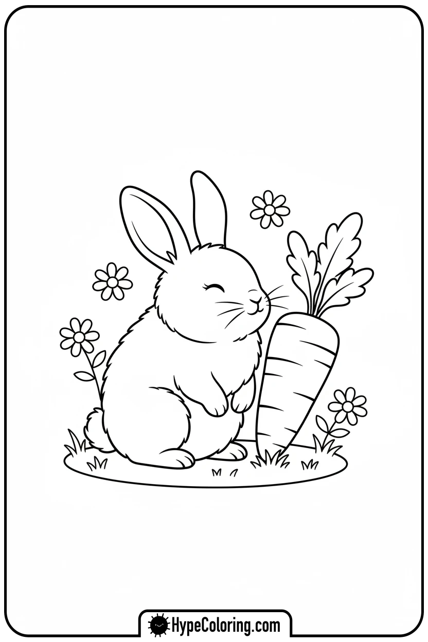 bunny-sniffing-a-carrot - cute animals coloring pages