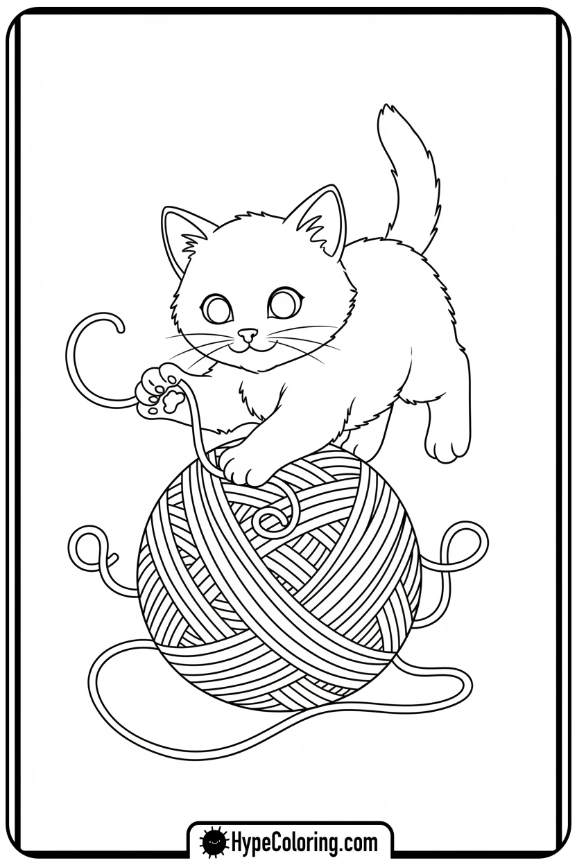 kitten-playing-with-yarn - cute animals coloring pages