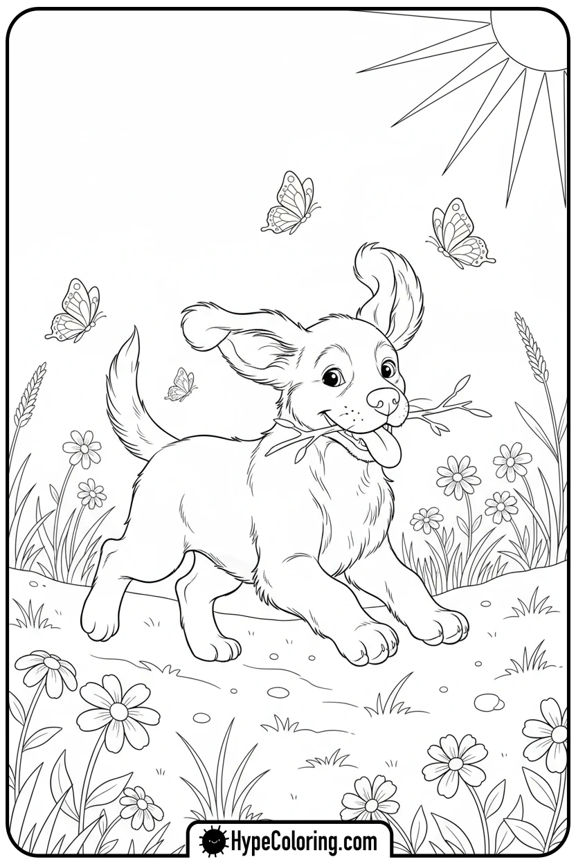 puppy-running-with-stick - cute animals coloring pages