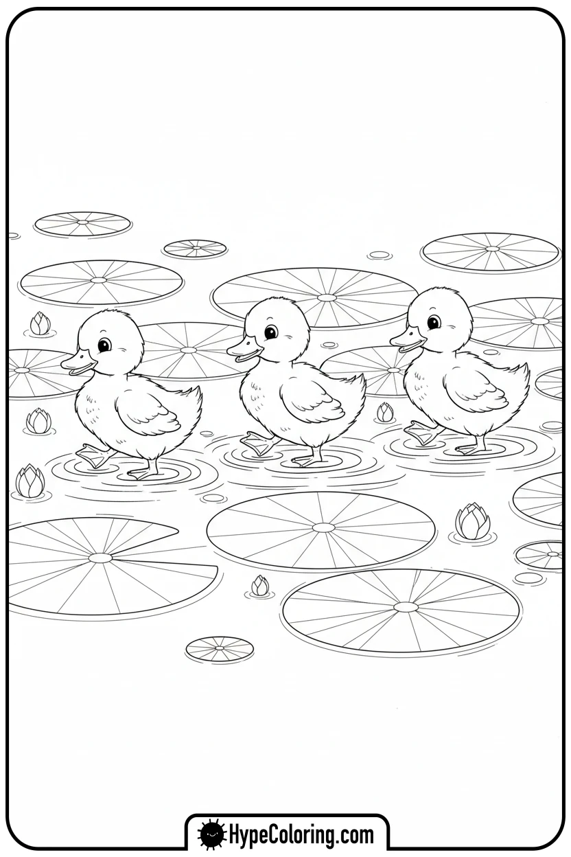 ducklings-crossing-pond - cute animals coloring pages