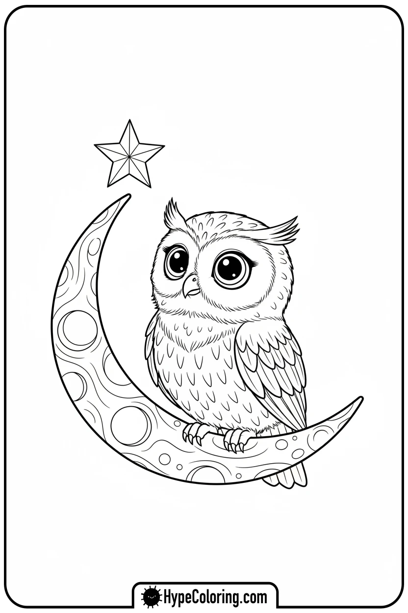 baby-owl-on-moon-branch - cute animals coloring pages