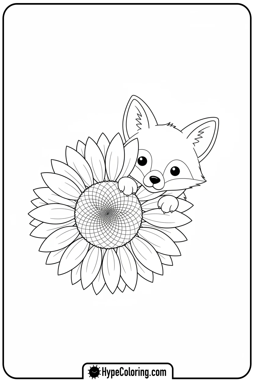 fox-kit-peeking-from-sunflower - cute animals coloring pages